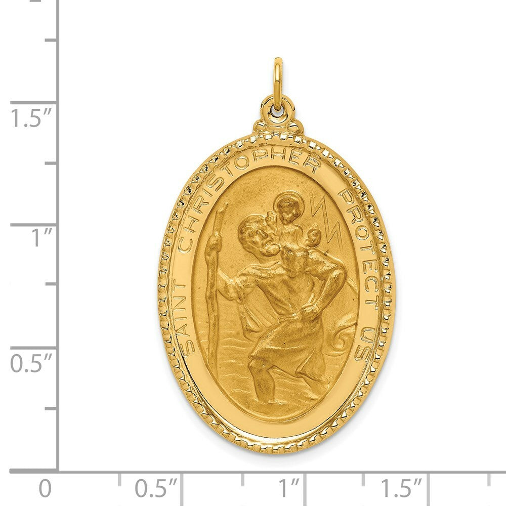14K Yellow Gold Solid Polished/Satin Extra Large Beaded Edge St. Christopher Medal