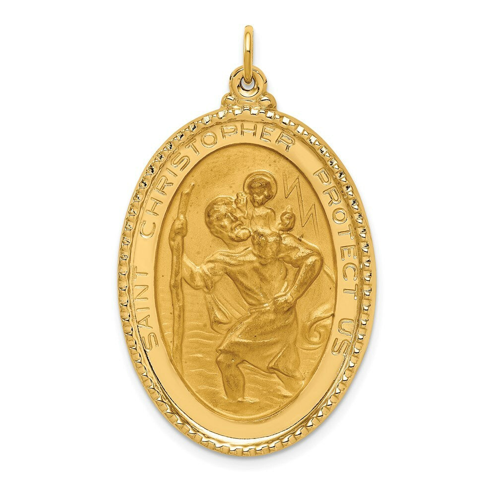 14K Yellow Gold Solid Polished/Satin Extra Large Beaded Edge St. Christopher Medal