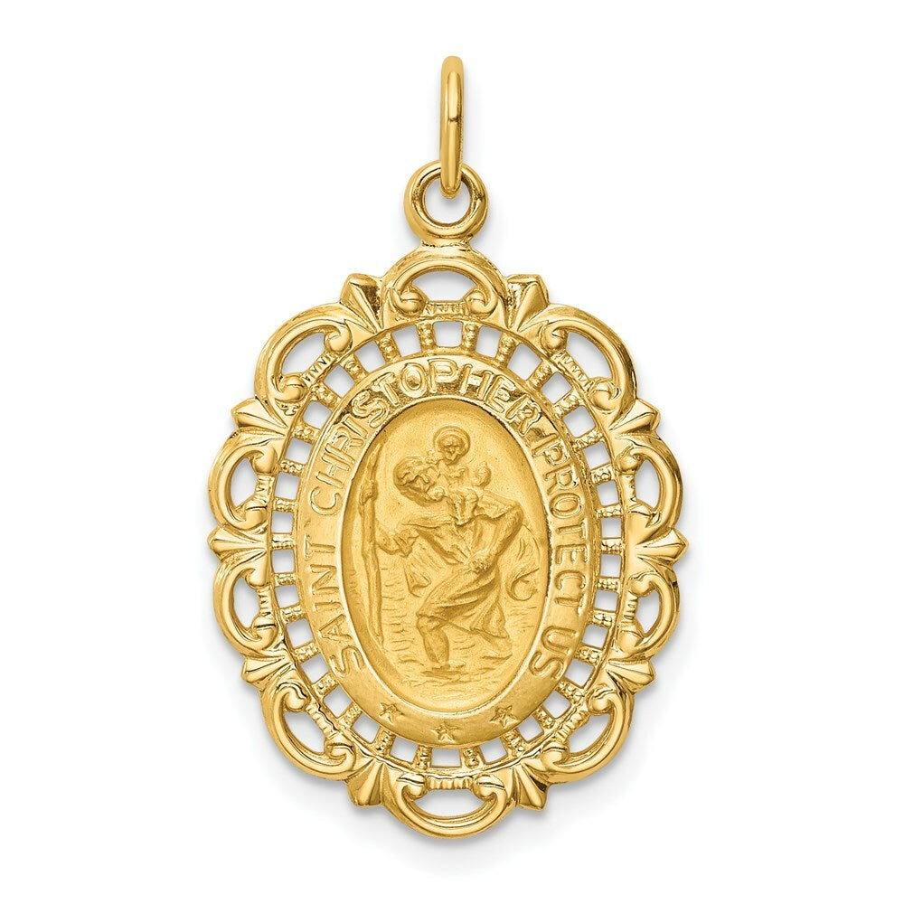 14K Yellow Gold Solid Polished/Satin Medium Fancy Pierced Oval St. Christopher Medal