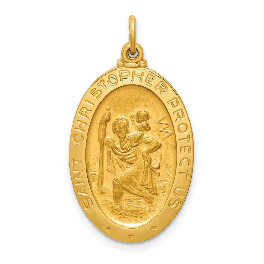 14K Yellow Gold Solid Polished/Satin Medium Oval St. Christopher Medal