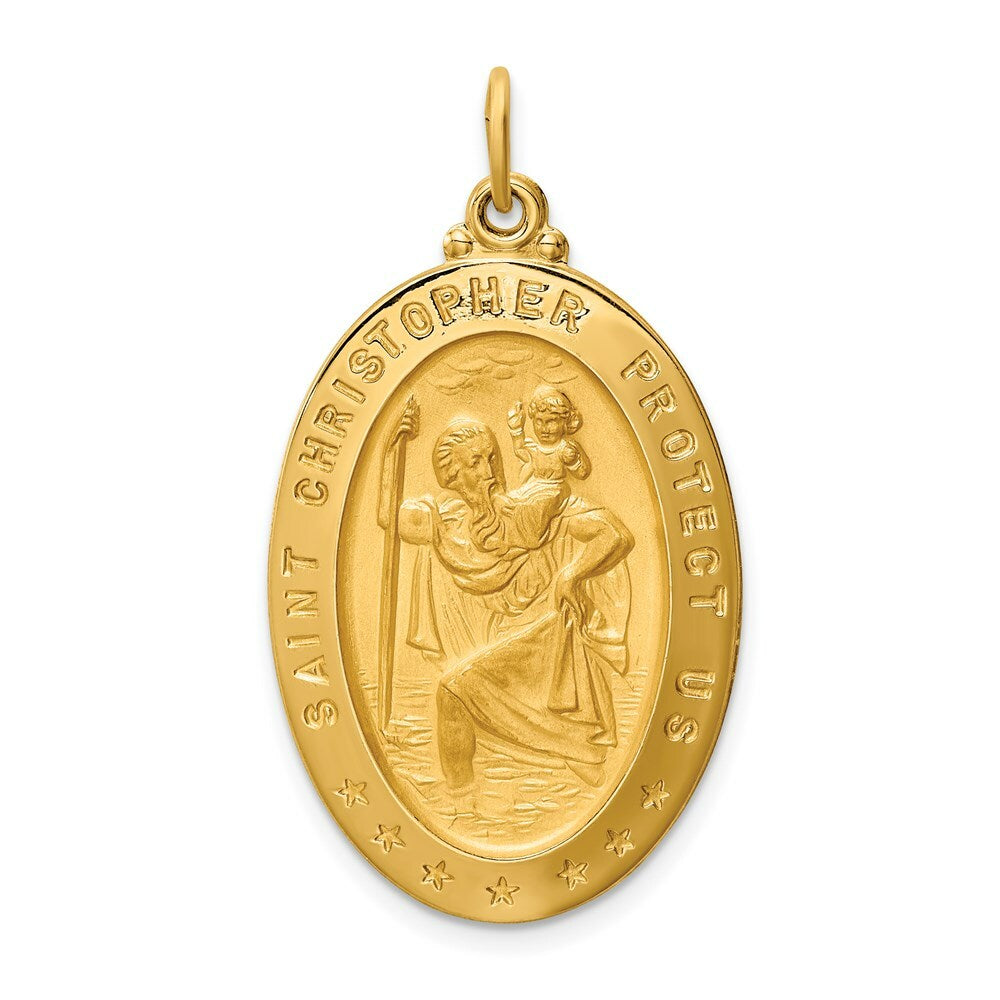 14K Yellow Gold Solid Polished/Satin Large Oval St. Christopher Medal