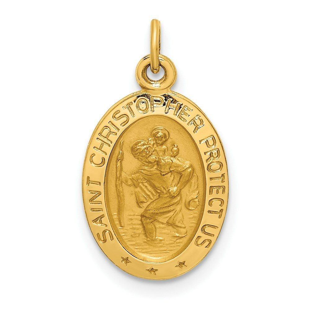 14K Yellow Gold Solid Polished/Satin Extra Small Oval St. Christopher Medal