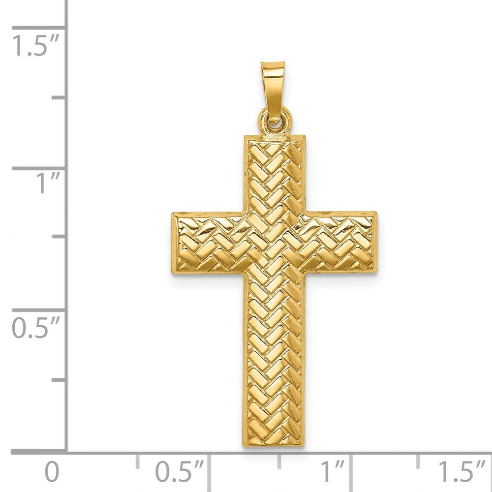 14K Yellow Gold Hollow Polished Basketweave Design Latin Cross