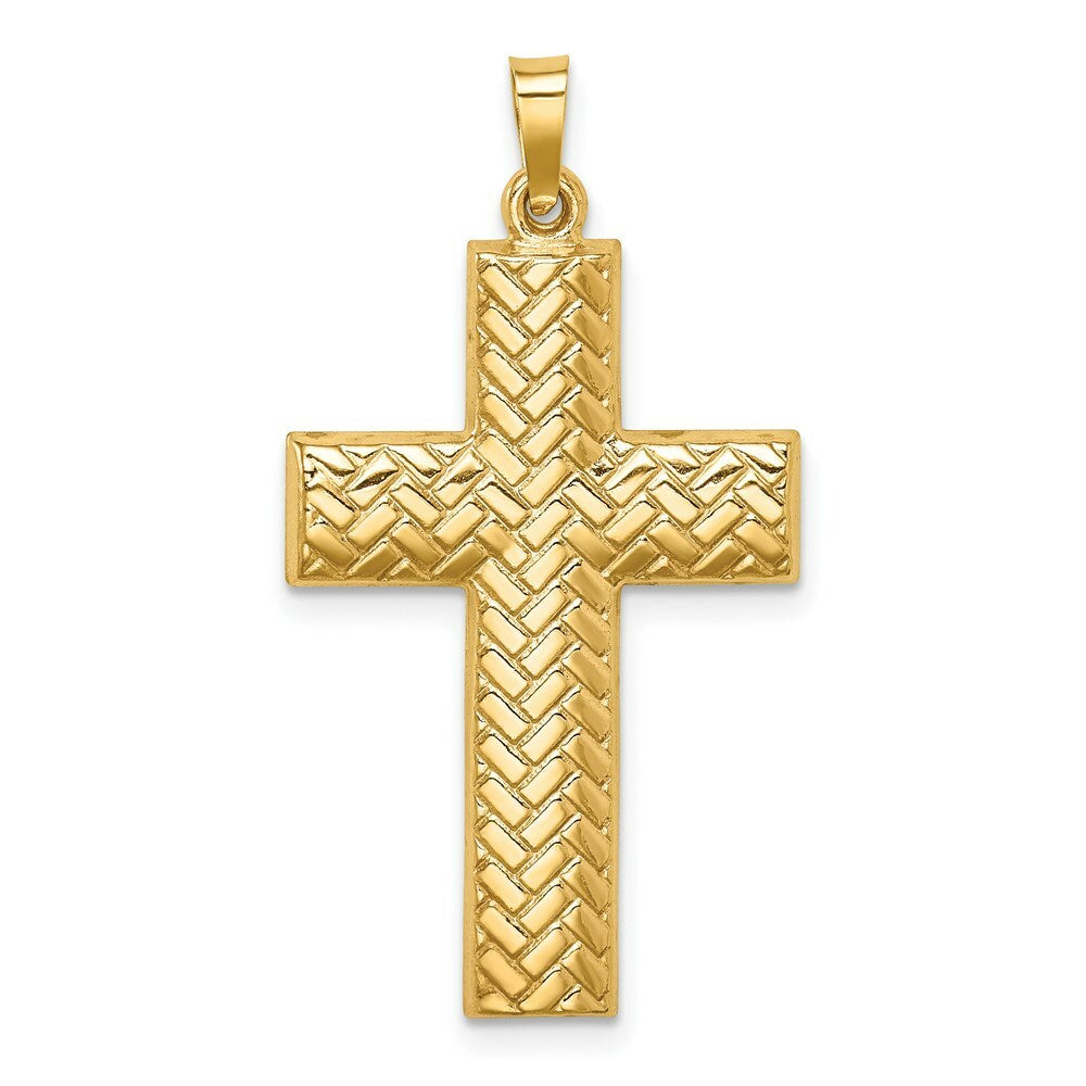 14K Yellow Gold Hollow Polished Basketweave Design Latin Cross