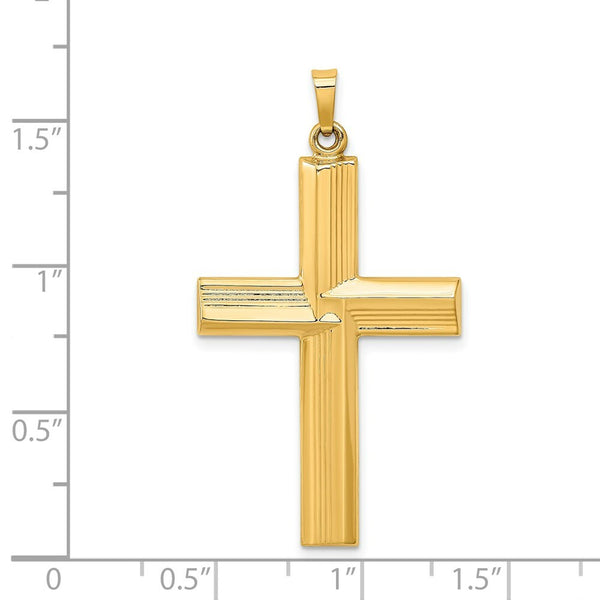 14K Yellow Gold Hollow Polished Stripe Design Latin Cross
