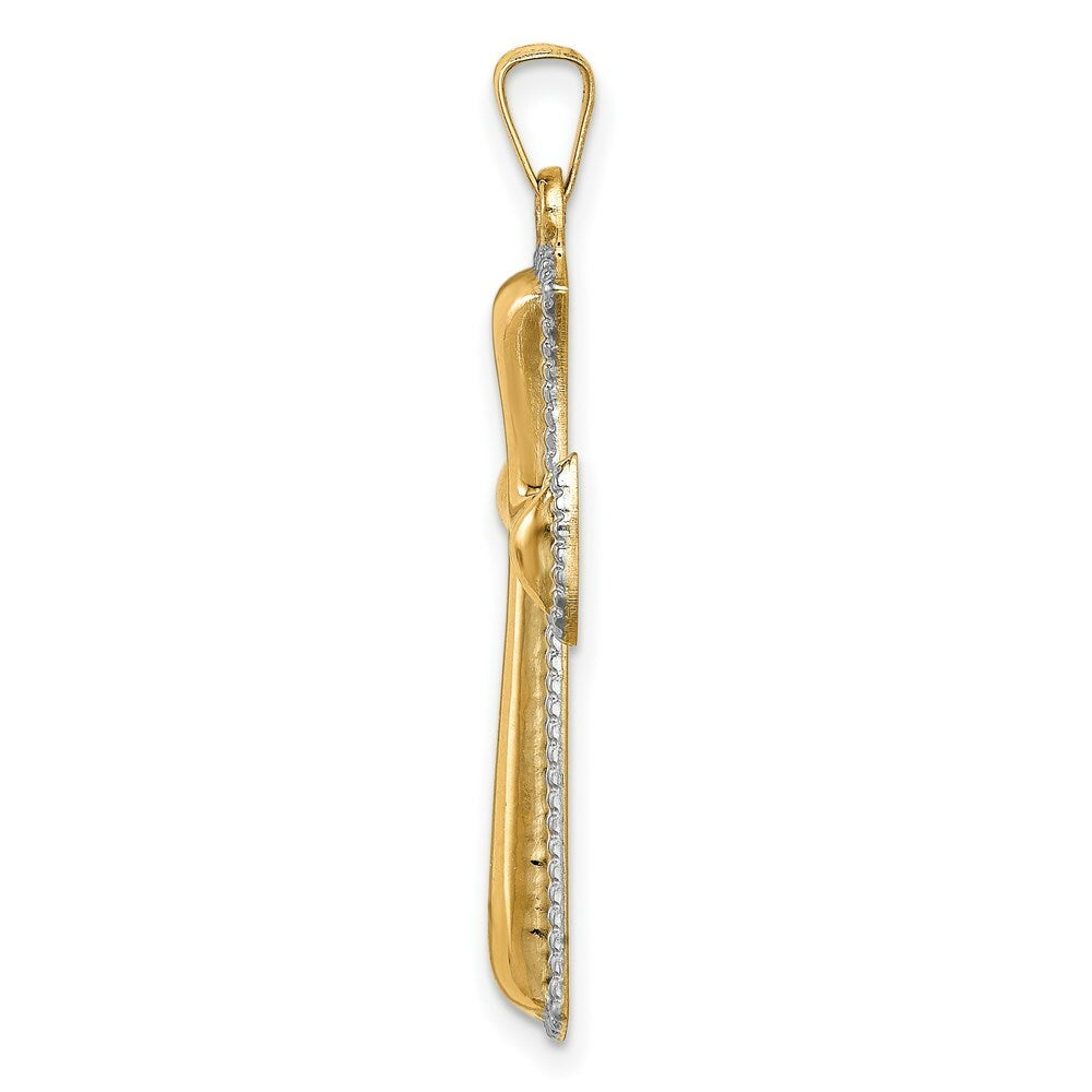 14K Yellow Gold Hollow Polished Rhodium-plated Beaded Edge Cross