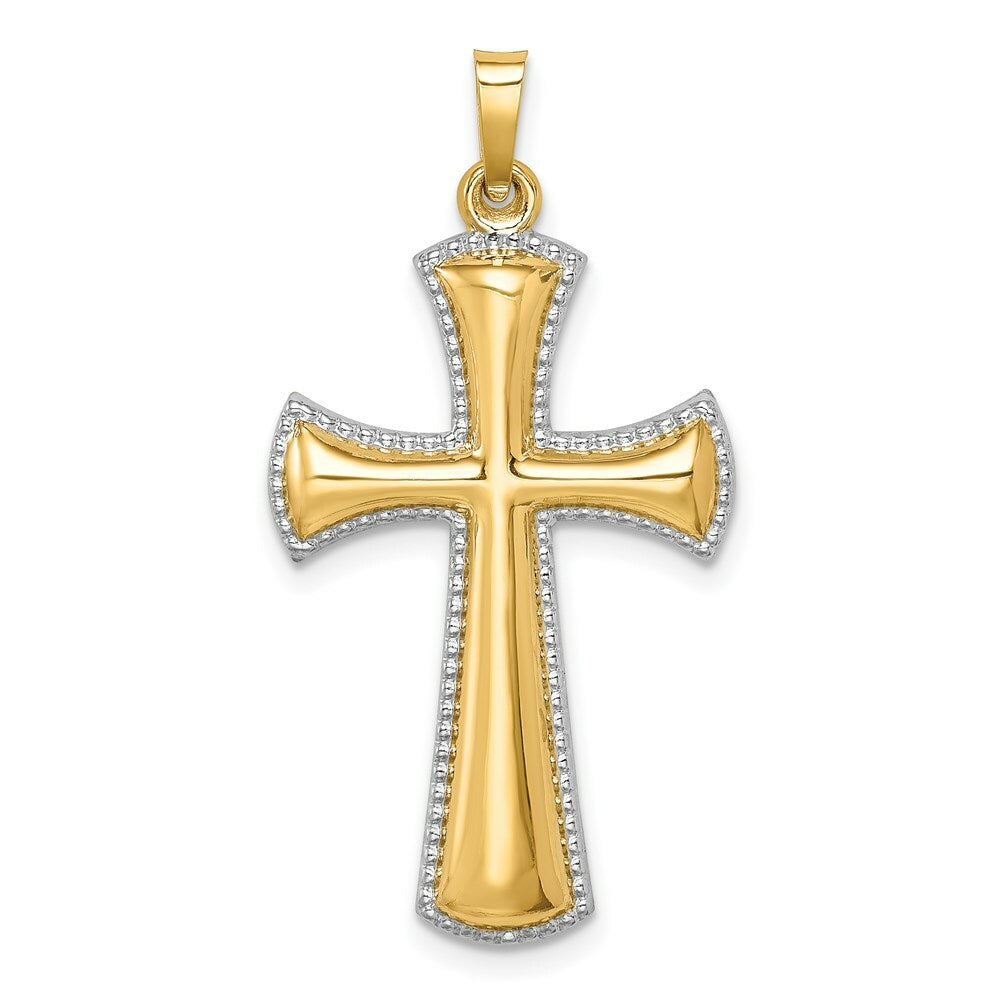 14K Yellow Gold Hollow Polished Rhodium-plated Beaded Edge Cross