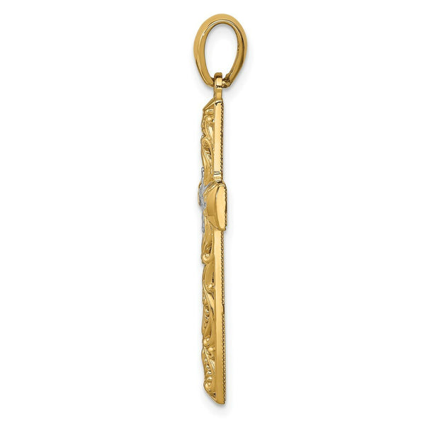 14K Yellow Gold with White Rhodium Diamond-cut Cross Pendant