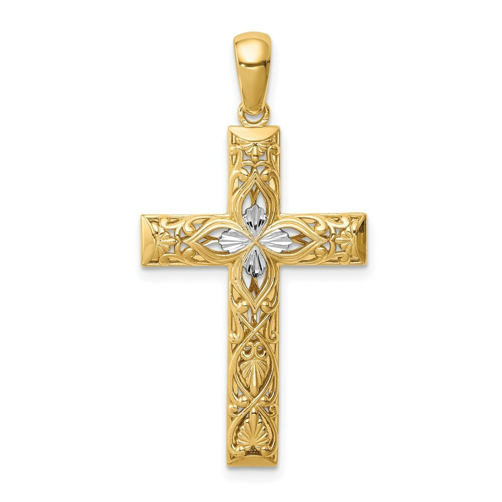 14K Yellow Gold with White Rhodium Diamond-cut Cross Pendant