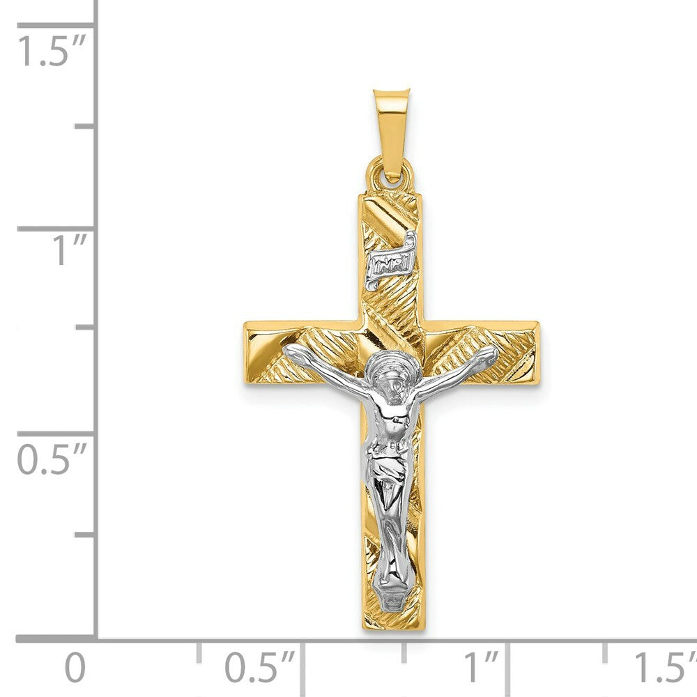 14K Two-Tone Gold Hollow Polished Textured Latin Crucifix