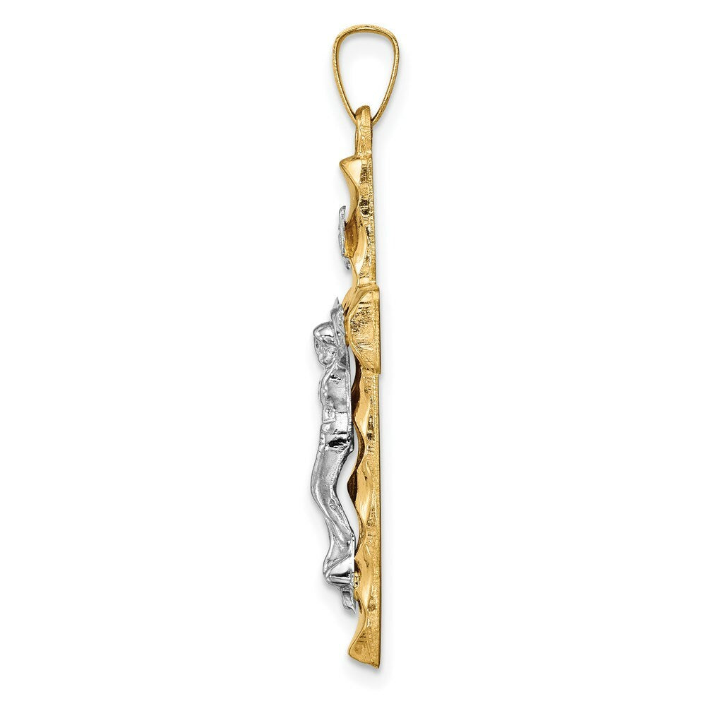 14K Two-Tone Gold Hollow Polished Textured Latin Crucifix