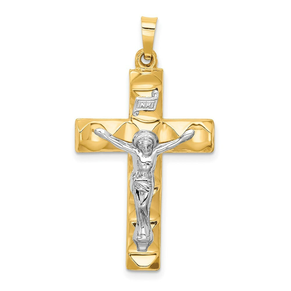 14K Two-Tone Gold Hollow Polished Textured Latin Crucifix