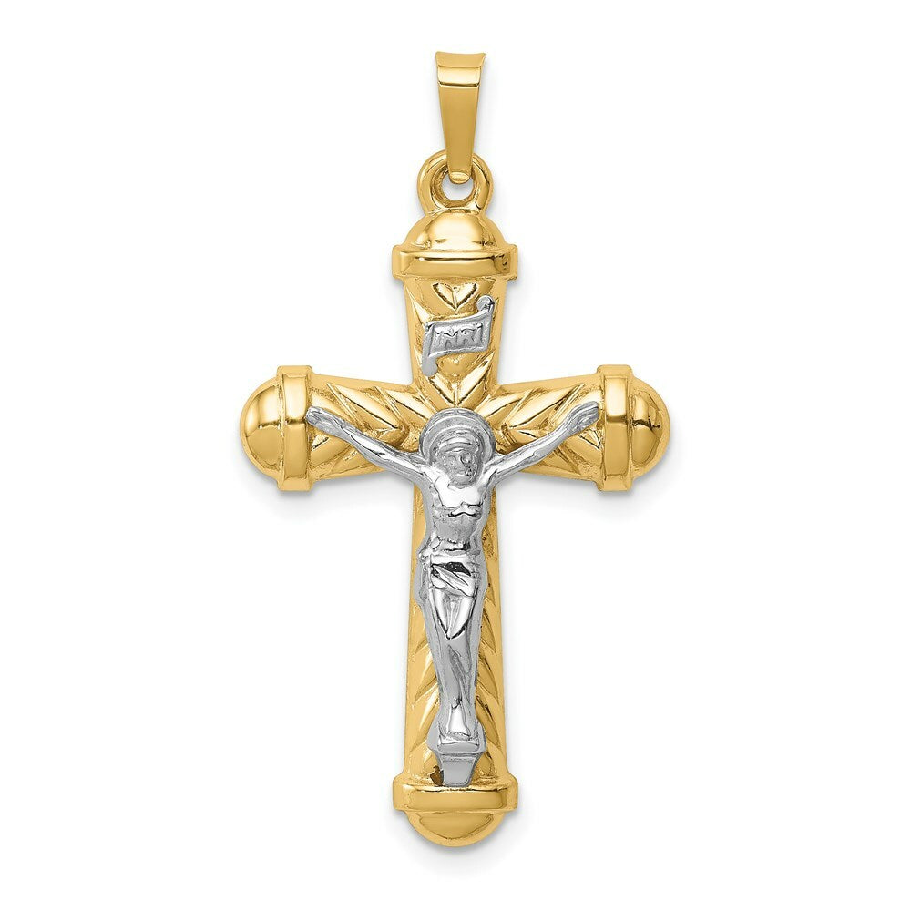 14K Two-Tone Gold Hollow Polished Chevron Design Crucifix