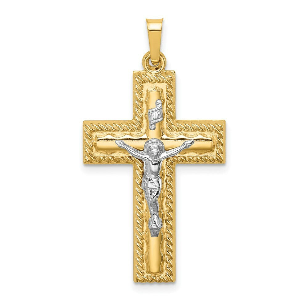 14K Two-Tone Gold Hollow Polished Rope Edge Latin Crucifix