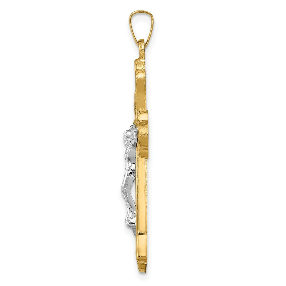 14K Two-Tone Gold Hollow Polished Woven Fleur de Lis Crucifix