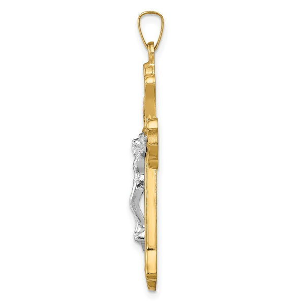 14K Two-Tone Gold Hollow Polished Woven Fleur de Lis Crucifix