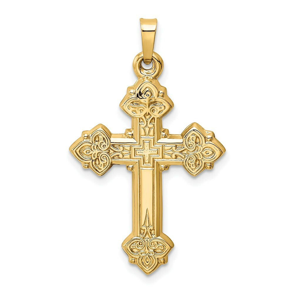 14K Yellow Gold Budded Hollow Cross Pendant