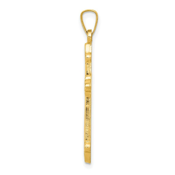 14K Yellow Gold Fleur De Lis Cross Pendant 35mm length