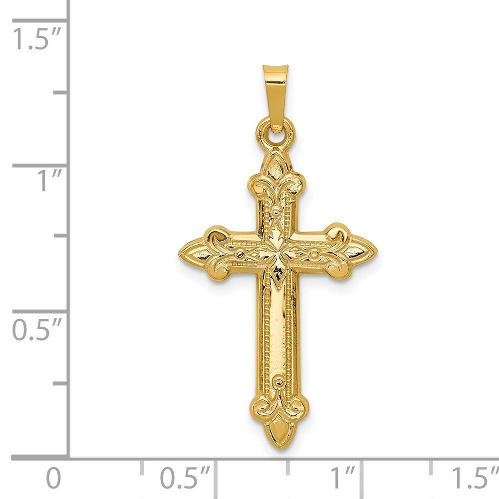 14K Yellow Gold Fleur De Lis Cross Pendant 35mm length