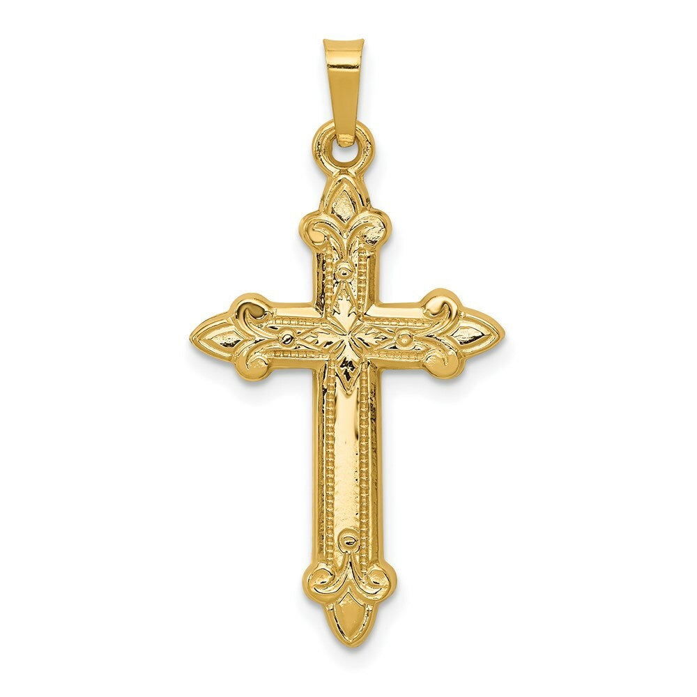 14K Yellow Gold Fleur De Lis Cross Pendant 35mm length
