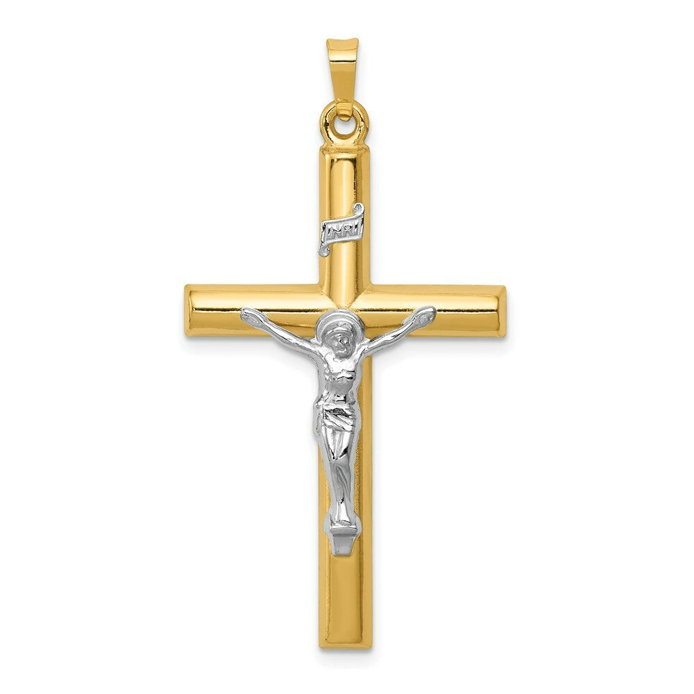 14K Two-tone Gold INRI Hollow Crucifix Pendant 44mm length