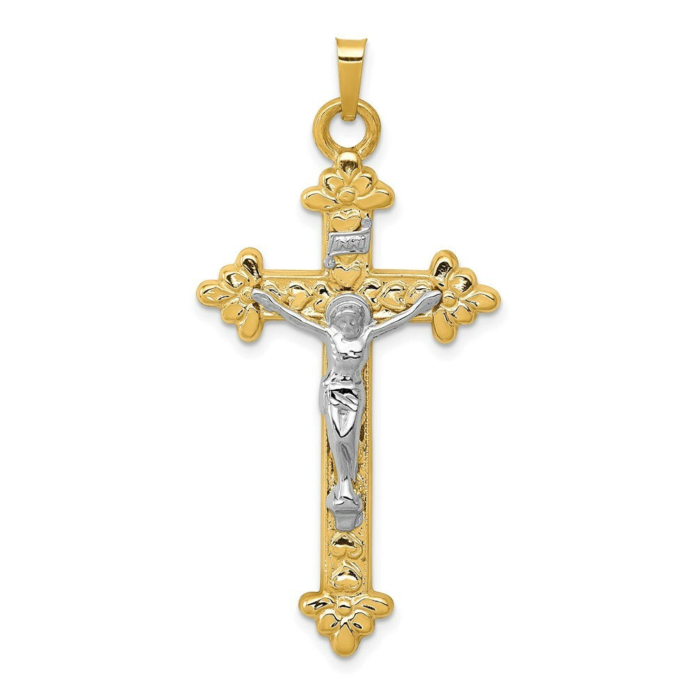 14K Two-tone Gold INRI Hollow Crucifix Pendant 45mm length