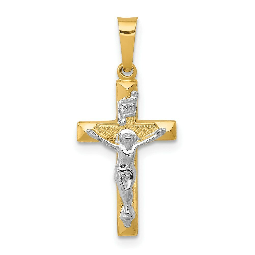 14K Two-tone Gold INRI Hollow Crucifix Pendant 25mm length