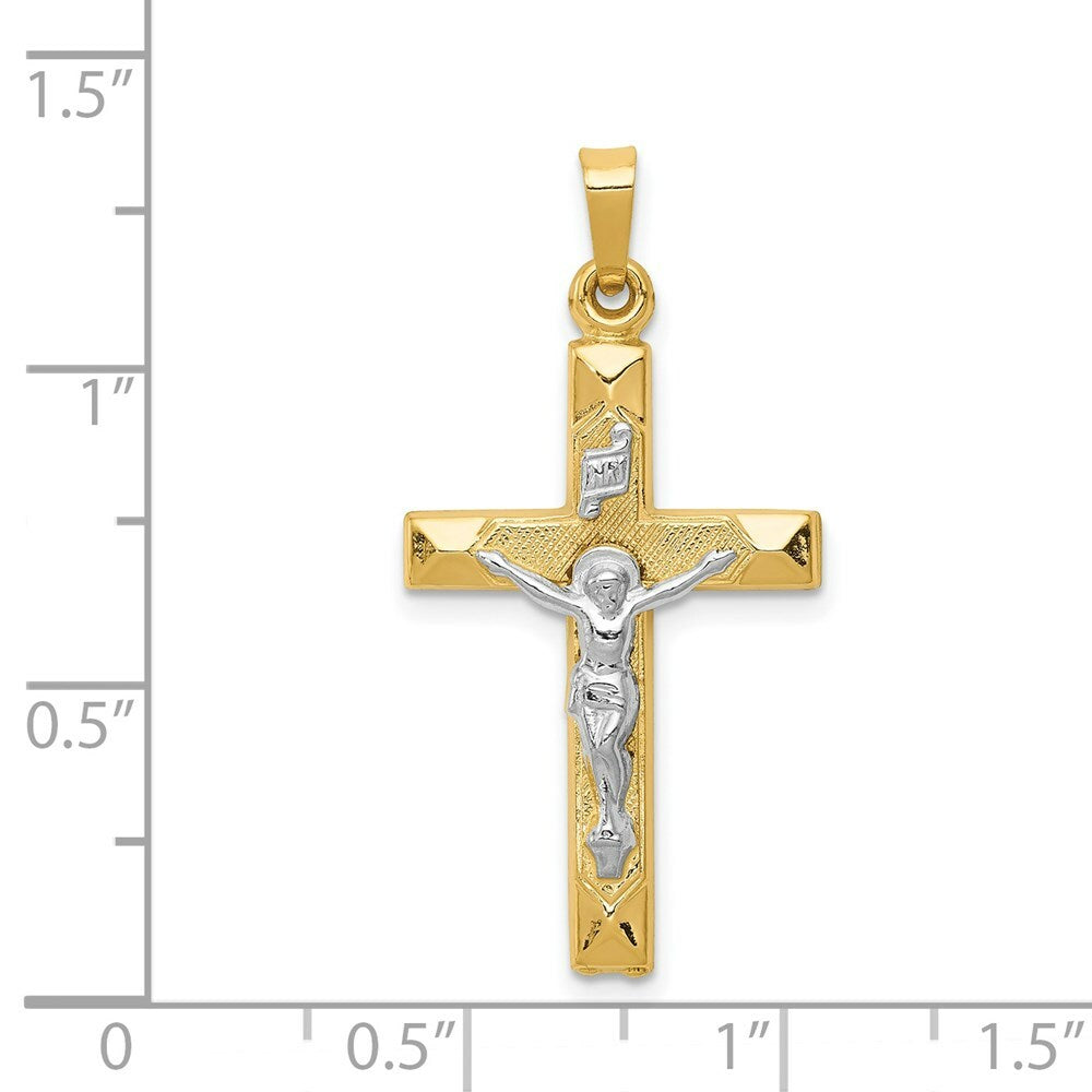 14K Two-tone Gold INRI Hollow Crucifix Pendant 33mm length