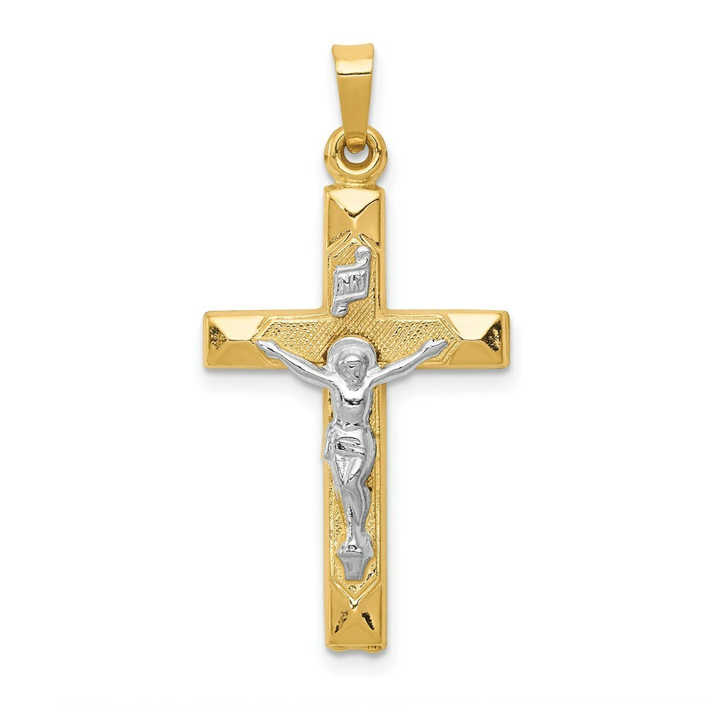 14K Two-tone Gold INRI Hollow Crucifix Pendant 33mm length