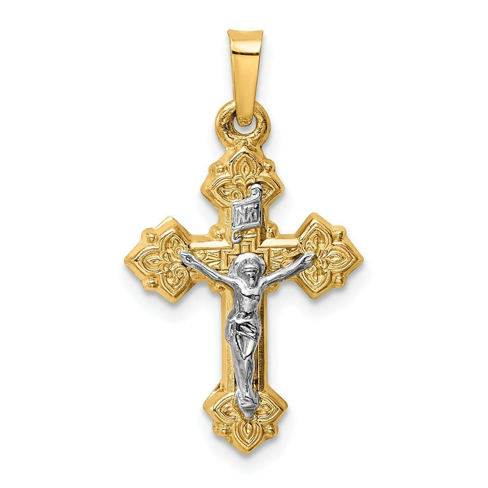 14K Two-tone Gold INRI Hollow Crucifix Pendant 28mm length