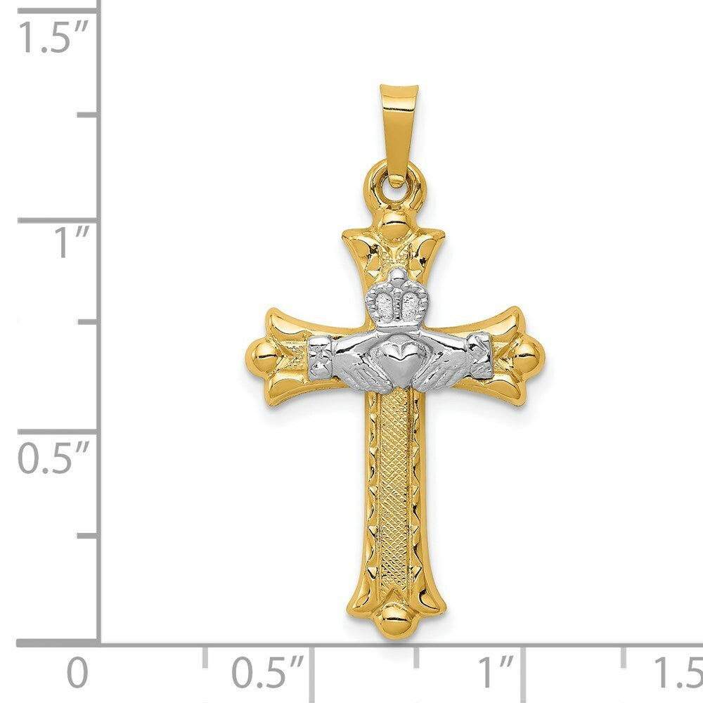 14K Two-tone Gold Claddagh Cross Pendant 34mm length
