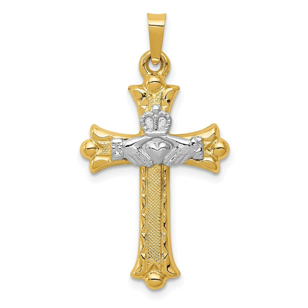 14K Two-tone Gold Claddagh Cross Pendant 34mm length