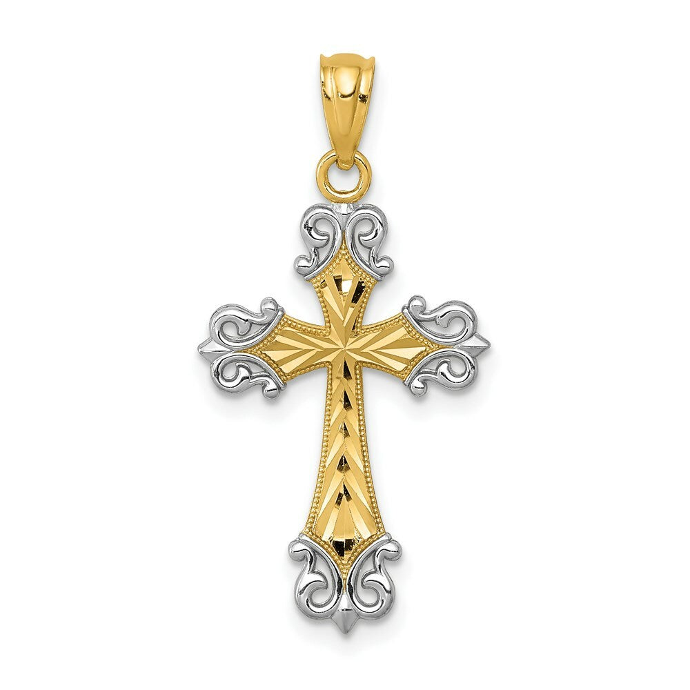 14K Yellow Gold and Rhodium Diamond-cut Cross Pendant
