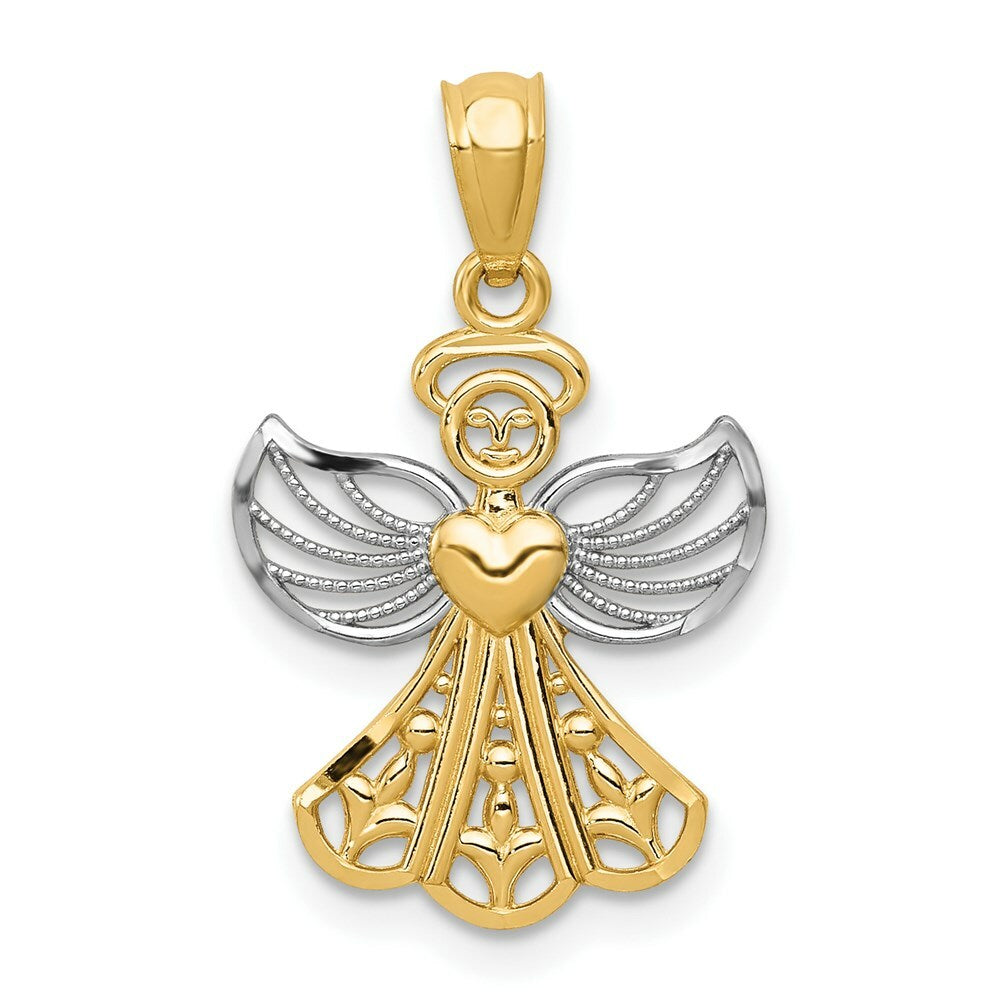 14K Yellow Gold & Rhodium Filigree Angel Pendant