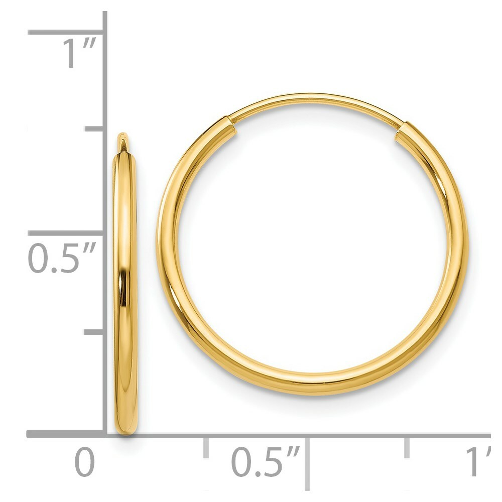 14K Yellow Gold 1.5mm Polished Round Endless Hoop Earrings  1.5mm width
