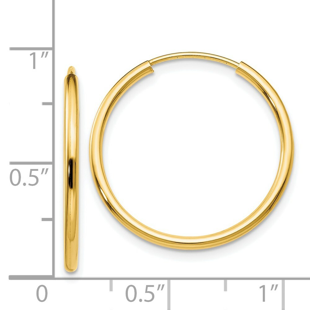 14K Yellow Gold 1.5mm Polished Round Endless Hoop Earrings  1.5mm width