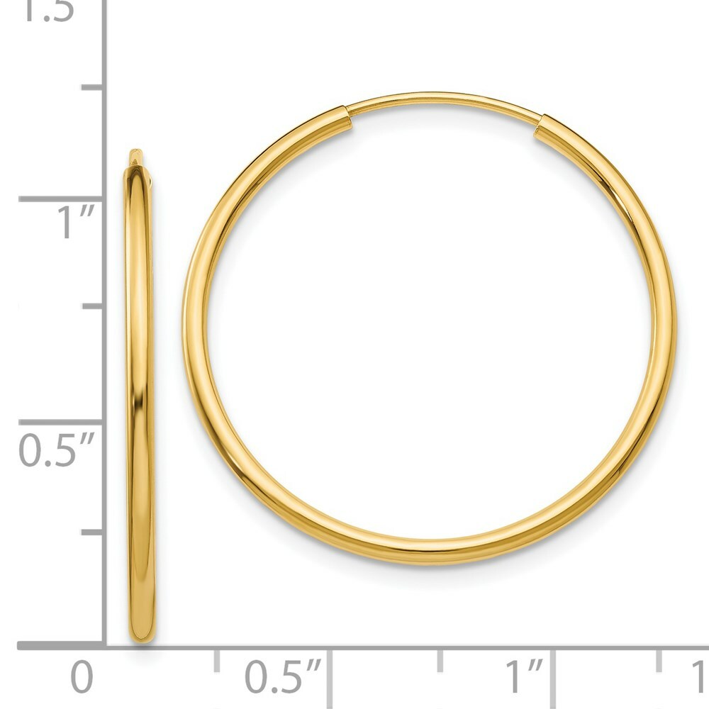 14K Yellow Gold 1.5mm Polished Round Endless Hoop Earrings  1.5mm width