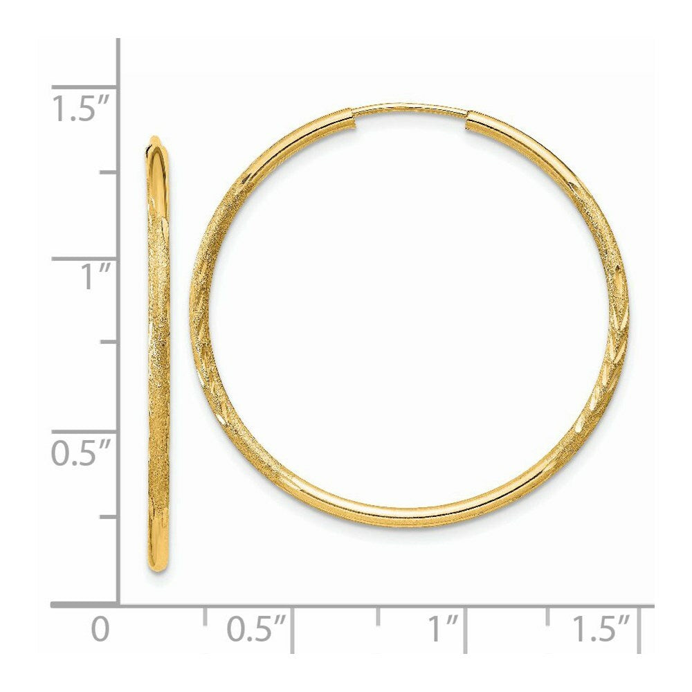 14K Yellow Gold 1.5mm Satin Diamond-cut Endless Hoop Earrings  1.5mm width