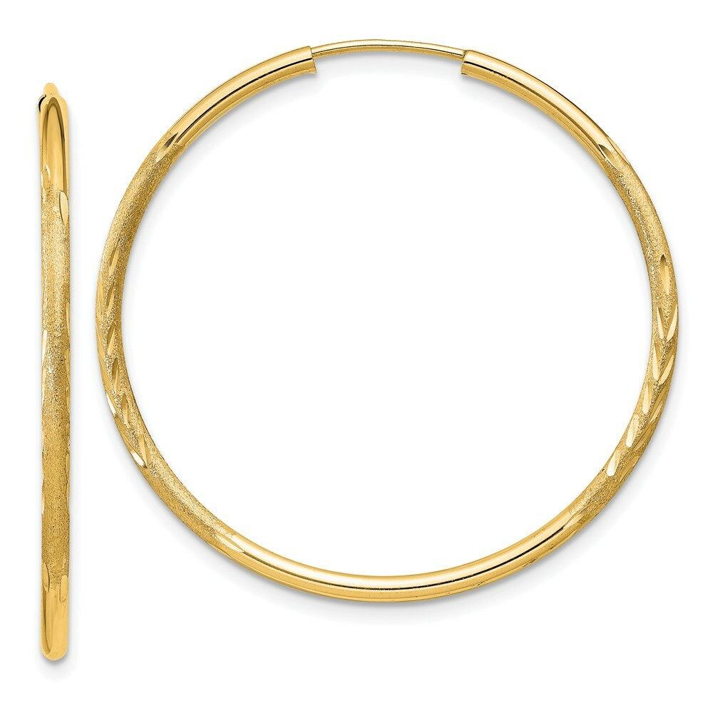 14K Yellow Gold 1.5mm Satin Diamond-cut Endless Hoop Earrings  1.5mm width