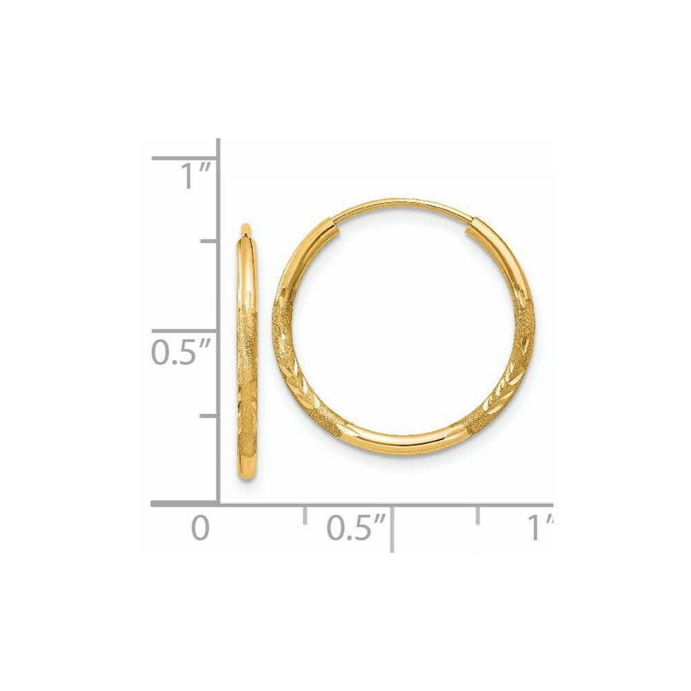 14K Yellow Gold 1.5mm Satin Diamond-cut Endless Hoop Earrings  1.5mm width