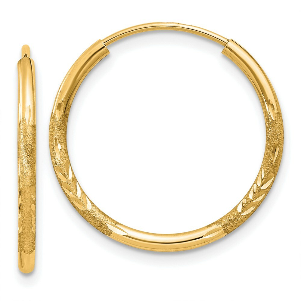 14K Yellow Gold 1.5mm Satin Diamond-cut Endless Hoop Earrings  1.5mm width