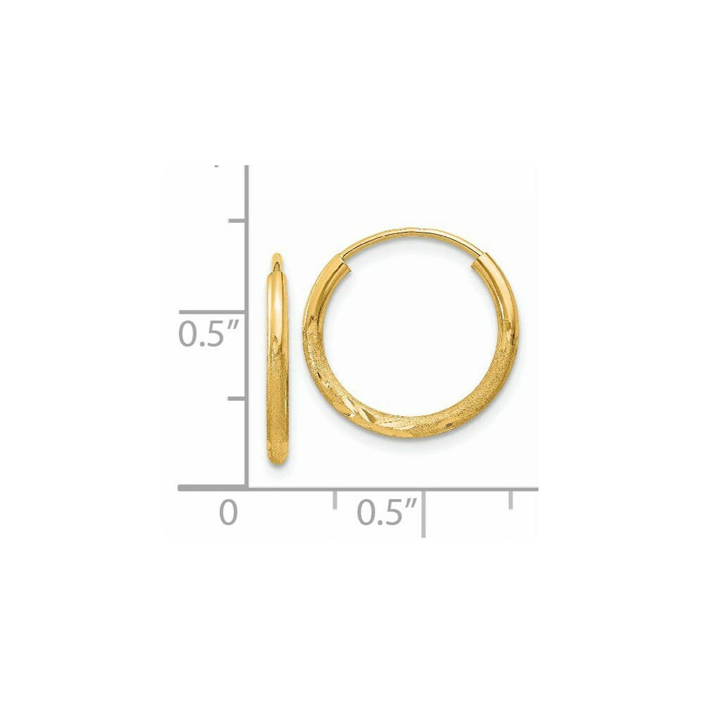 14K Yellow Gold 1.5mm Satin Diamond-cut Endless Hoop Earrings  1.5mm width