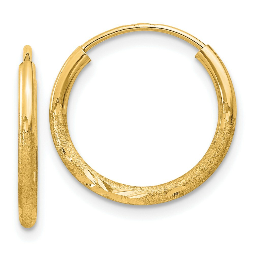 14K Yellow Gold 1.5mm Satin Diamond-cut Endless Hoop Earrings  1.5mm width