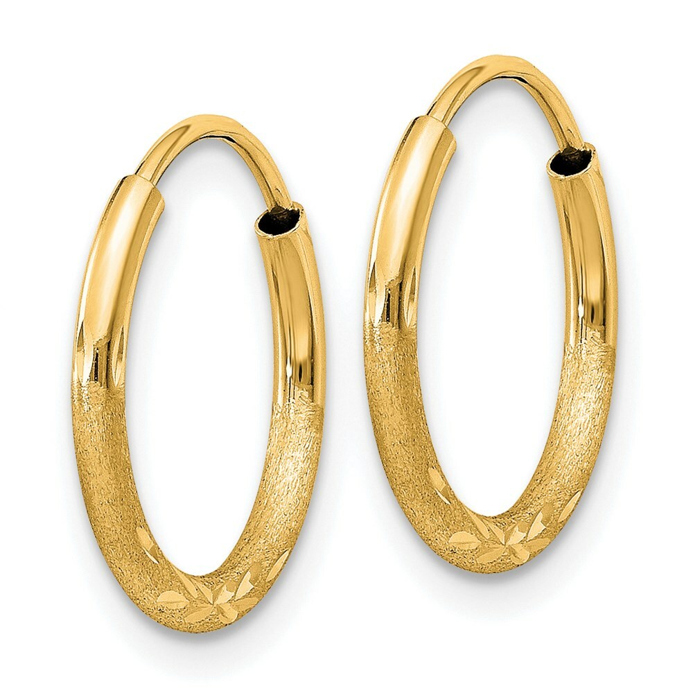 14K Yellow Gold 1.5mm Satin Diamond-cut Endless Hoop Earrings  1.5mm width