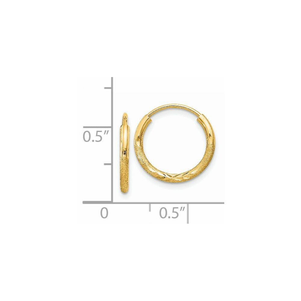 14K Yellow Gold 1.5mm Satin Diamond-cut Endless Hoop Earrings  1.5mm width