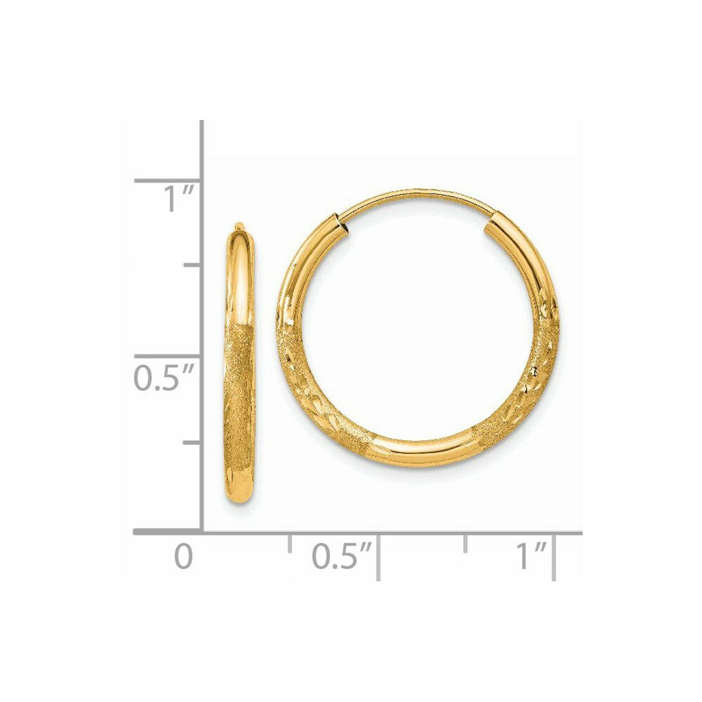 14K Yellow Gold 2mm Satin Diamond-cut Endless Hoop Earrings  2mm width