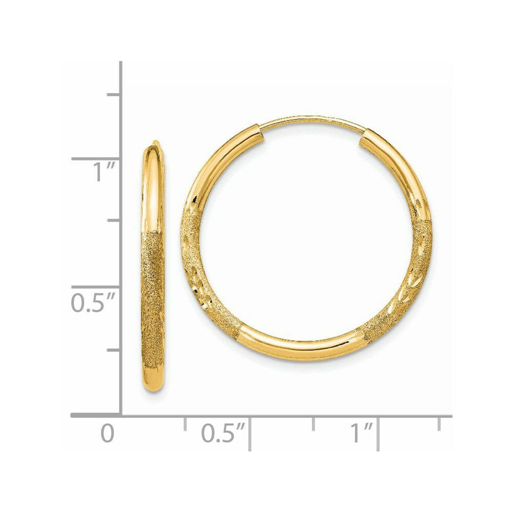 14K Yellow Gold 2mm Satin Diamond-cut Endless Hoop Earrings  2mm width