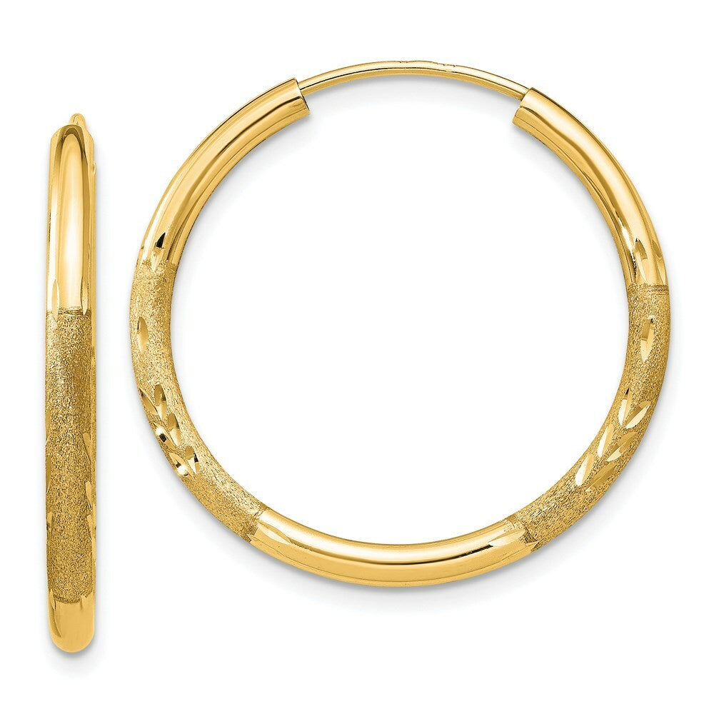 14K Yellow Gold 2mm Satin Diamond-cut Endless Hoop Earrings  2mm width