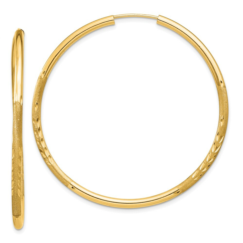 14K Yellow Gold 2mm Satin Diamond-cut Endless Hoop Earrings  2mm width