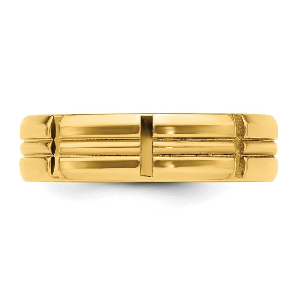 14K Yellow Gold Standard Comfort Fit Cross Grooved Beveled Edge Fancy Wedding Band Ring